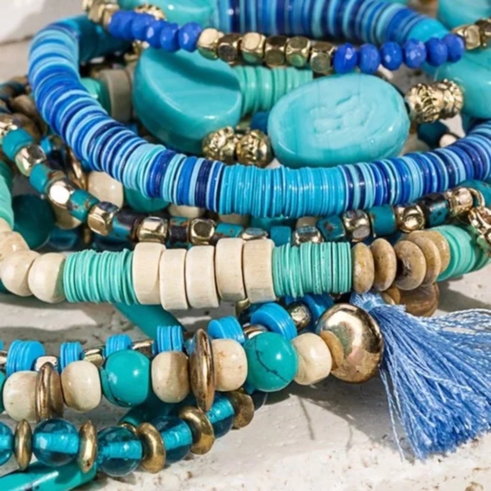 SOLD OUT Multi Layer Turquoise Charm Beaded Wood Metal Gold Bead Stretch - Picture 5 of 7